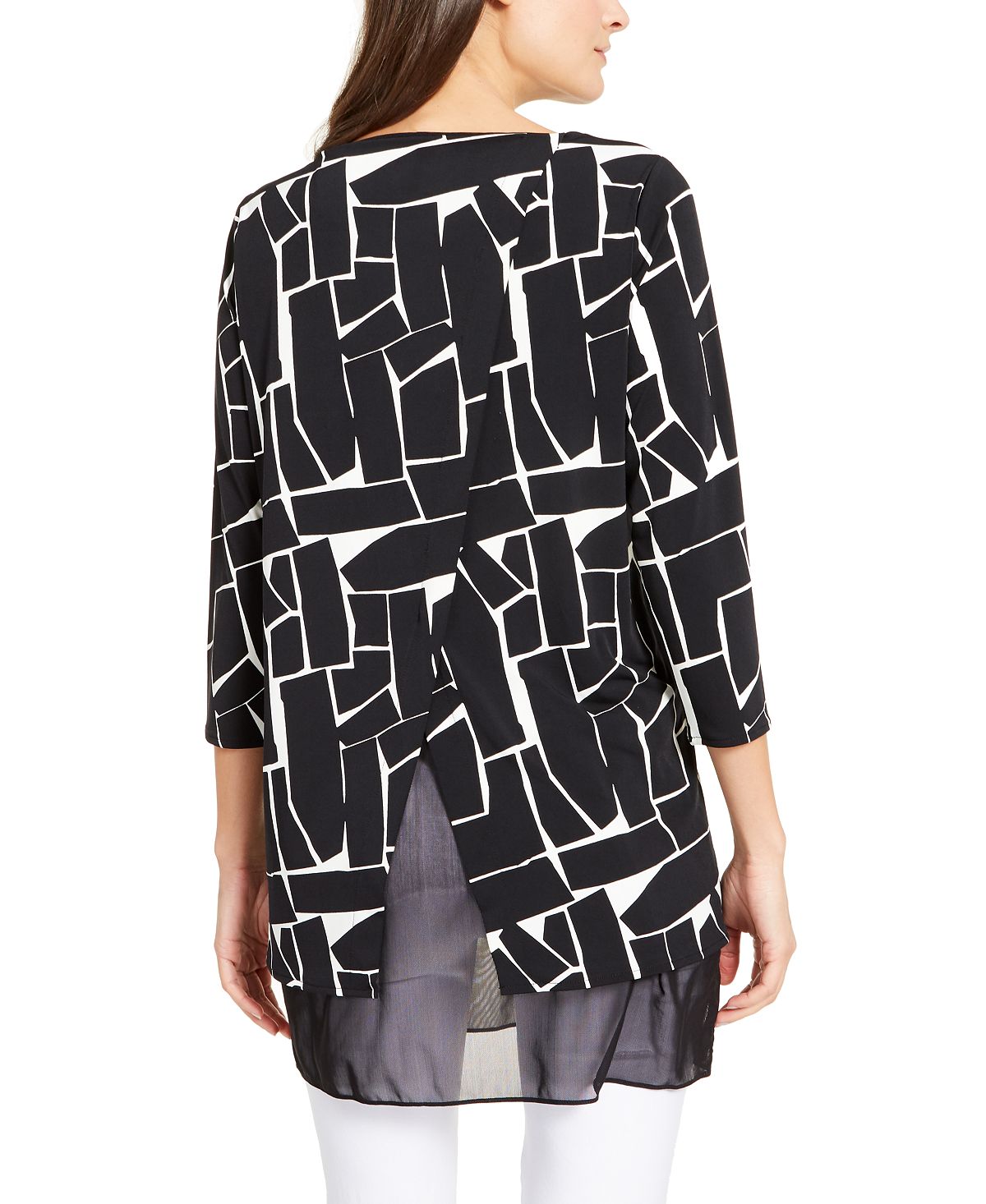 Blusa túnica feminina Alfani com acabamento em malha estampada, preta, tamanho pequeno