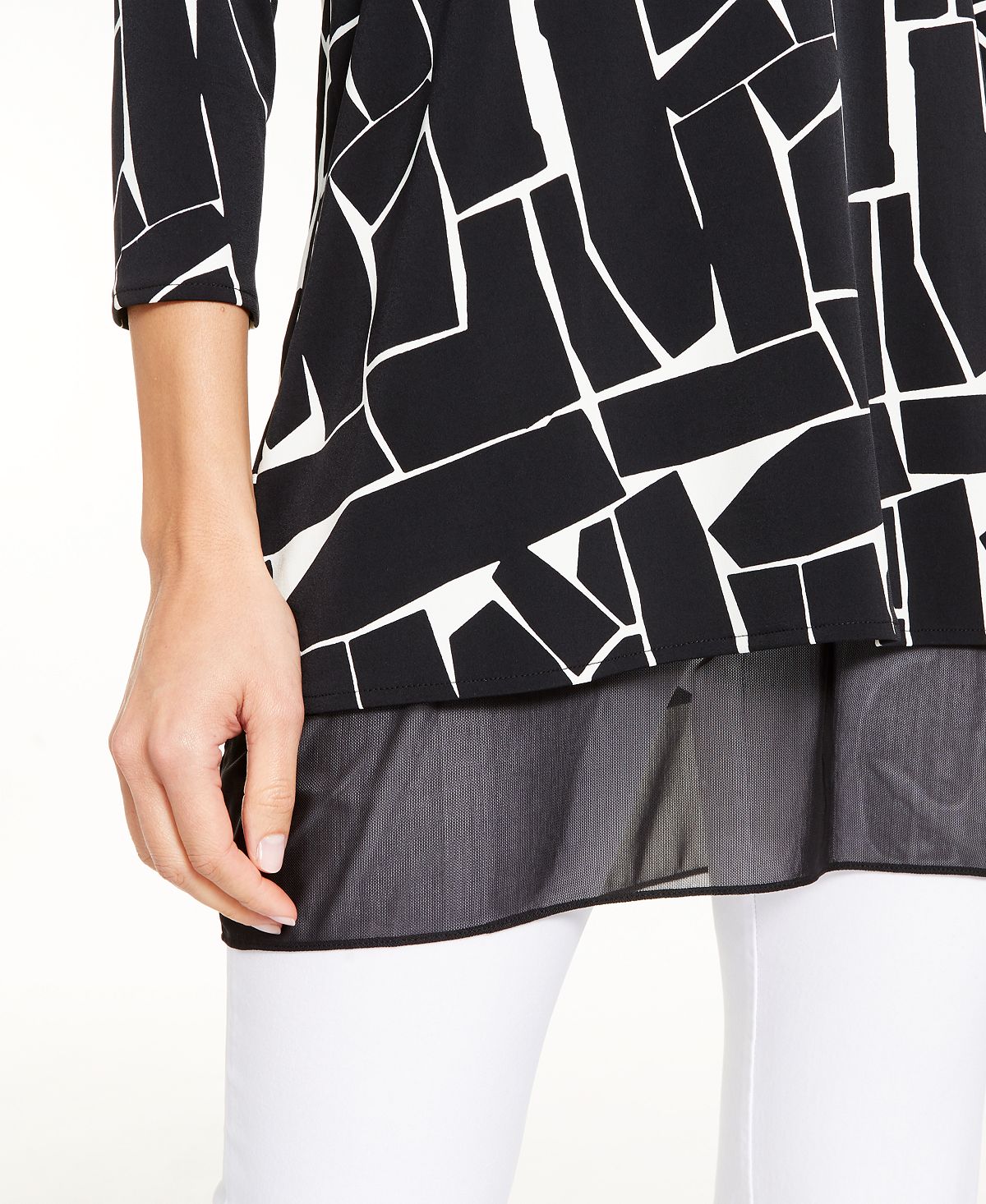 Blusa túnica feminina Alfani com acabamento em malha estampada, preta, tamanho pequeno