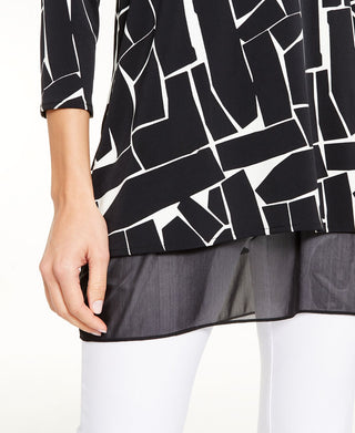 Blusa túnica feminina Alfani com acabamento em malha estampada, preta, tamanho pequeno