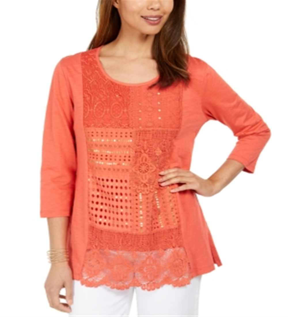 JM Collection Blusa feminina de algodão crochê patchwork laranja tamanho X-S