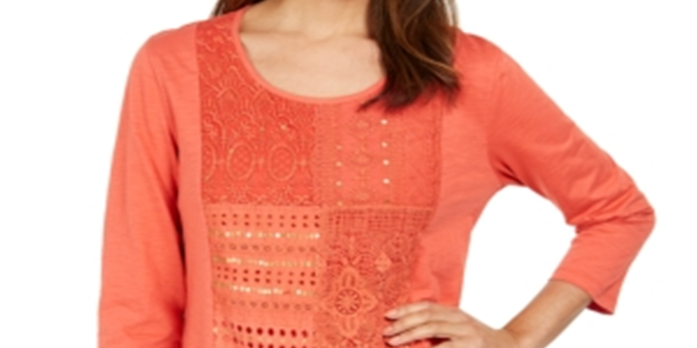 JM Collection Blusa feminina de algodão crochê patchwork laranja tamanho X-S