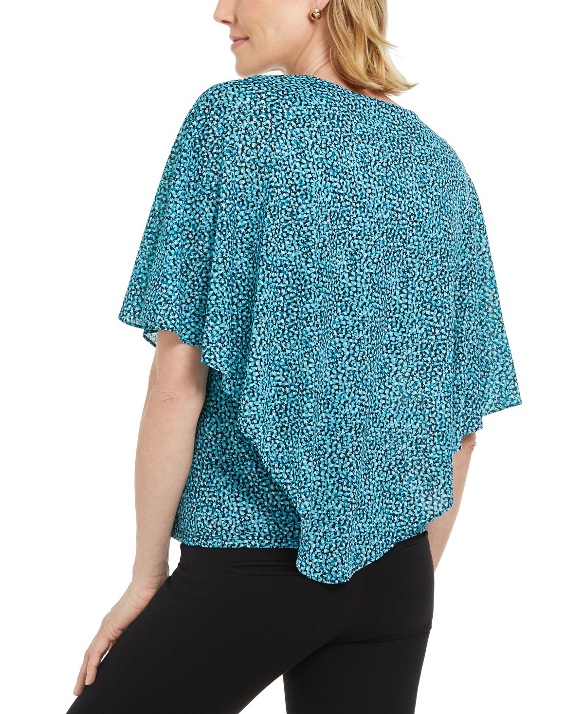 JM Collection Blusa feminina estampada com decote em V e sobreposição assimétrica, azul, tamanho extragrande