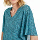 JM Collection Blusa feminina estampada com decote em V e sobreposição assimétrica, azul, tamanho extragrande