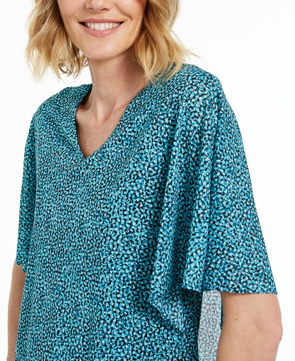 JM Collection Blusa feminina estampada com decote em V e sobreposição assimétrica, azul, tamanho extragrande