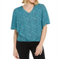 JM Collection Blusa feminina estampada com decote em V e sobreposição assimétrica, azul, tamanho extragrande