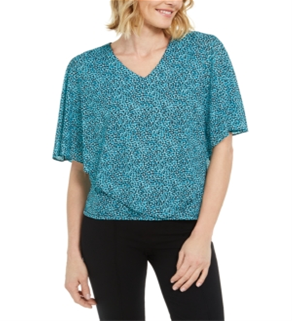 JM Collection Blusa feminina estampada com decote em V e sobreposição assimétrica, azul, tamanho extragrande