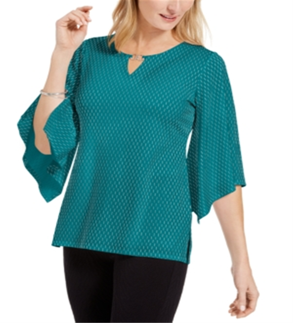 Blusa feminina com manga flare e detalhes embelezados, verde, tamanho médio