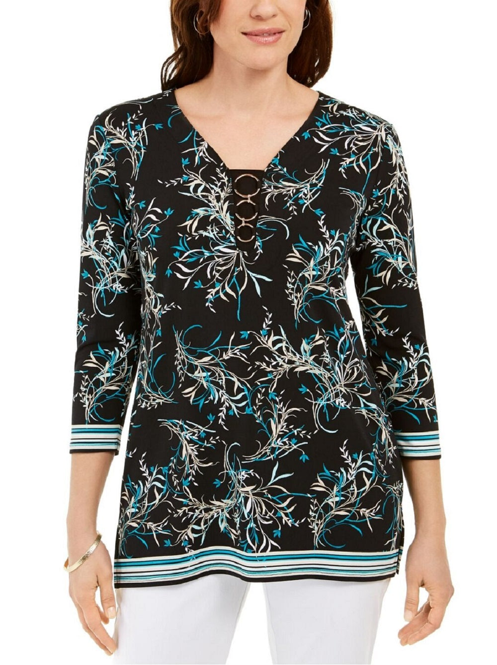Túnica feminina estampada com argola O da coleção JM, azul, tamanho X-S