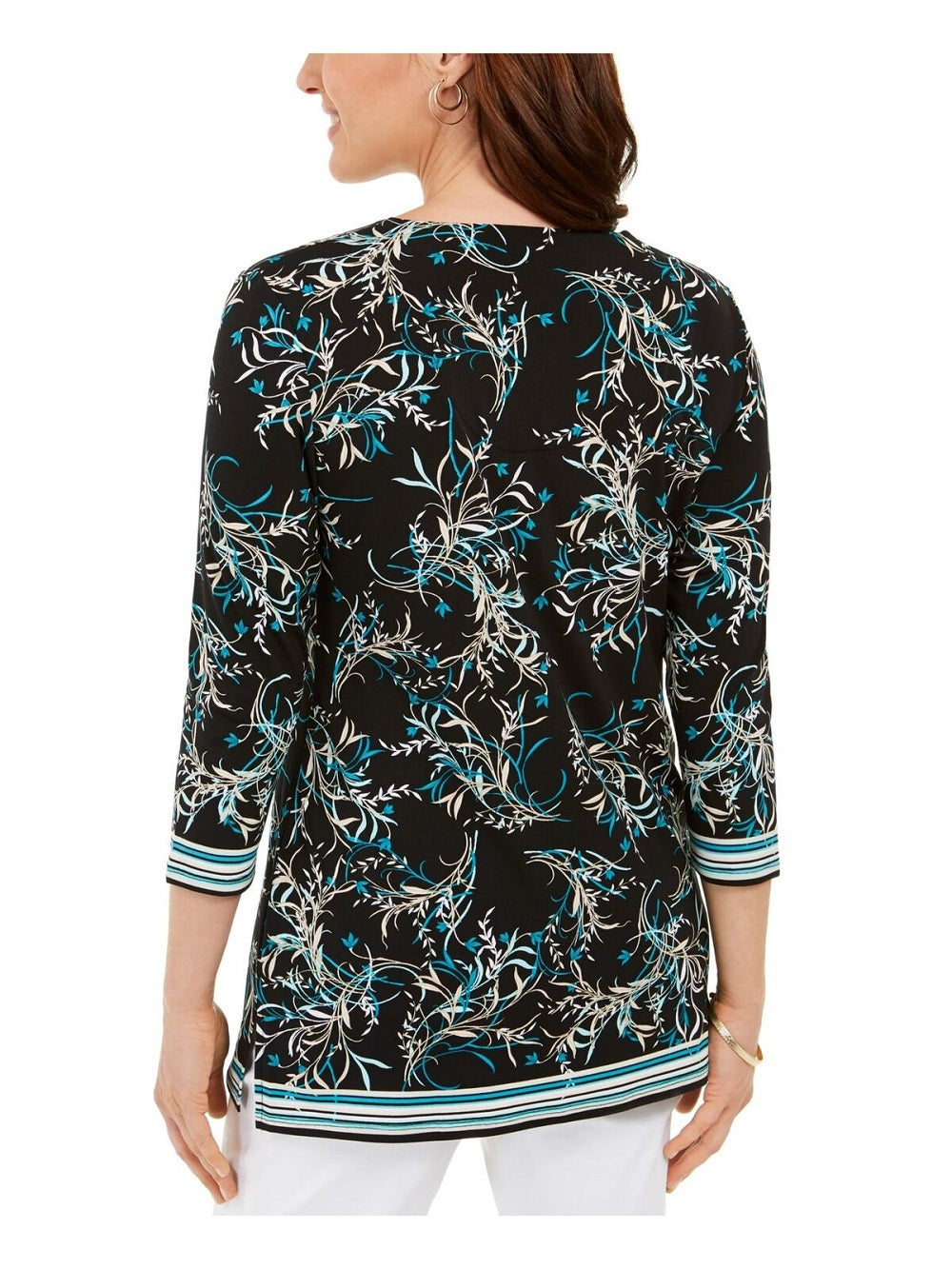 Túnica feminina estampada com argola O da coleção JM, azul, tamanho X-S