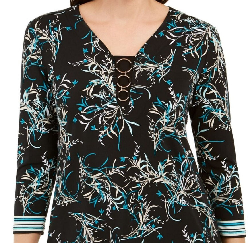 Túnica feminina estampada com argola O da coleção JM, azul, tamanho X-S