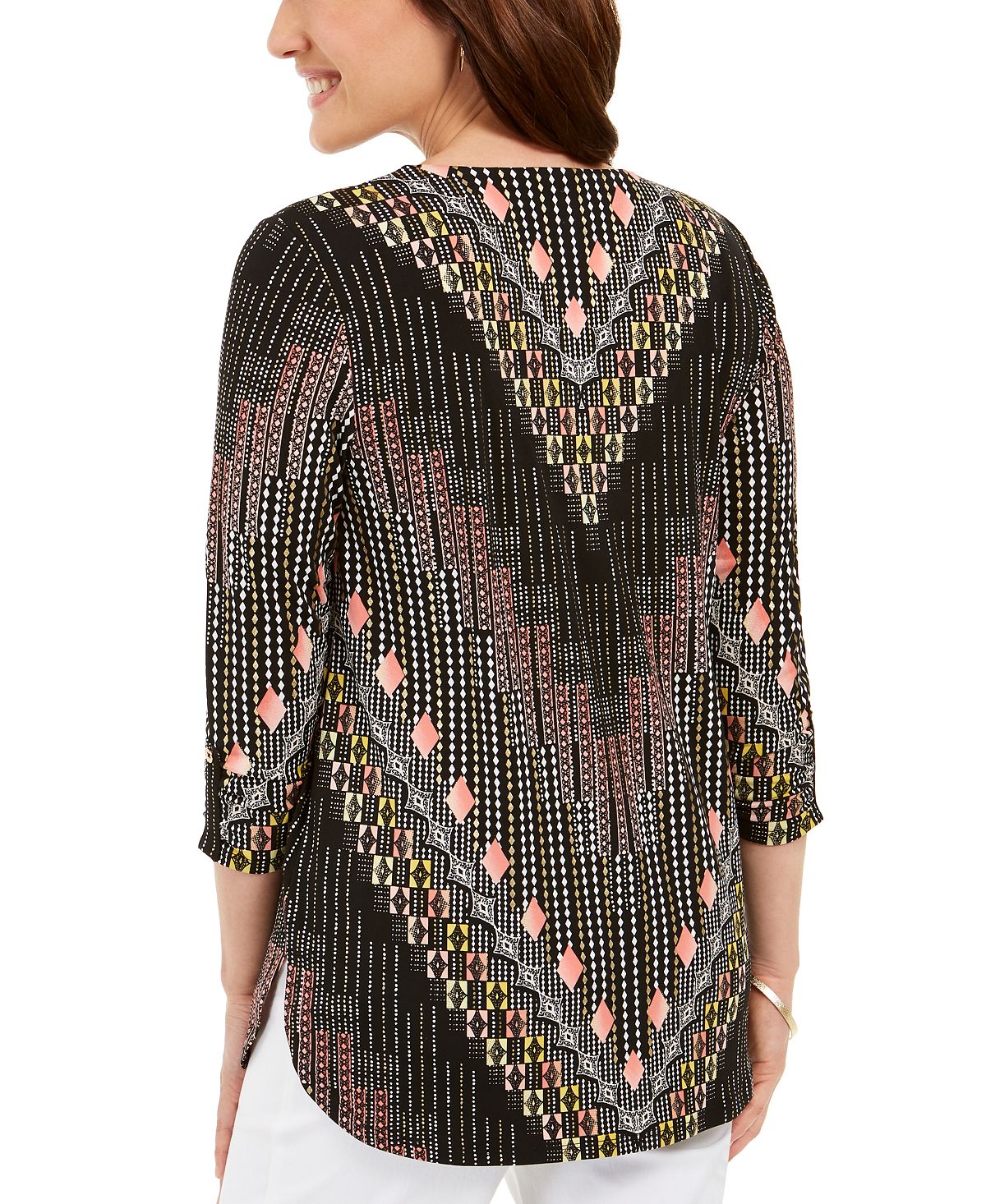 Blusa estampada com decote em zíper e manga comprida feminina JM Collection - preta, tamanho XX-G