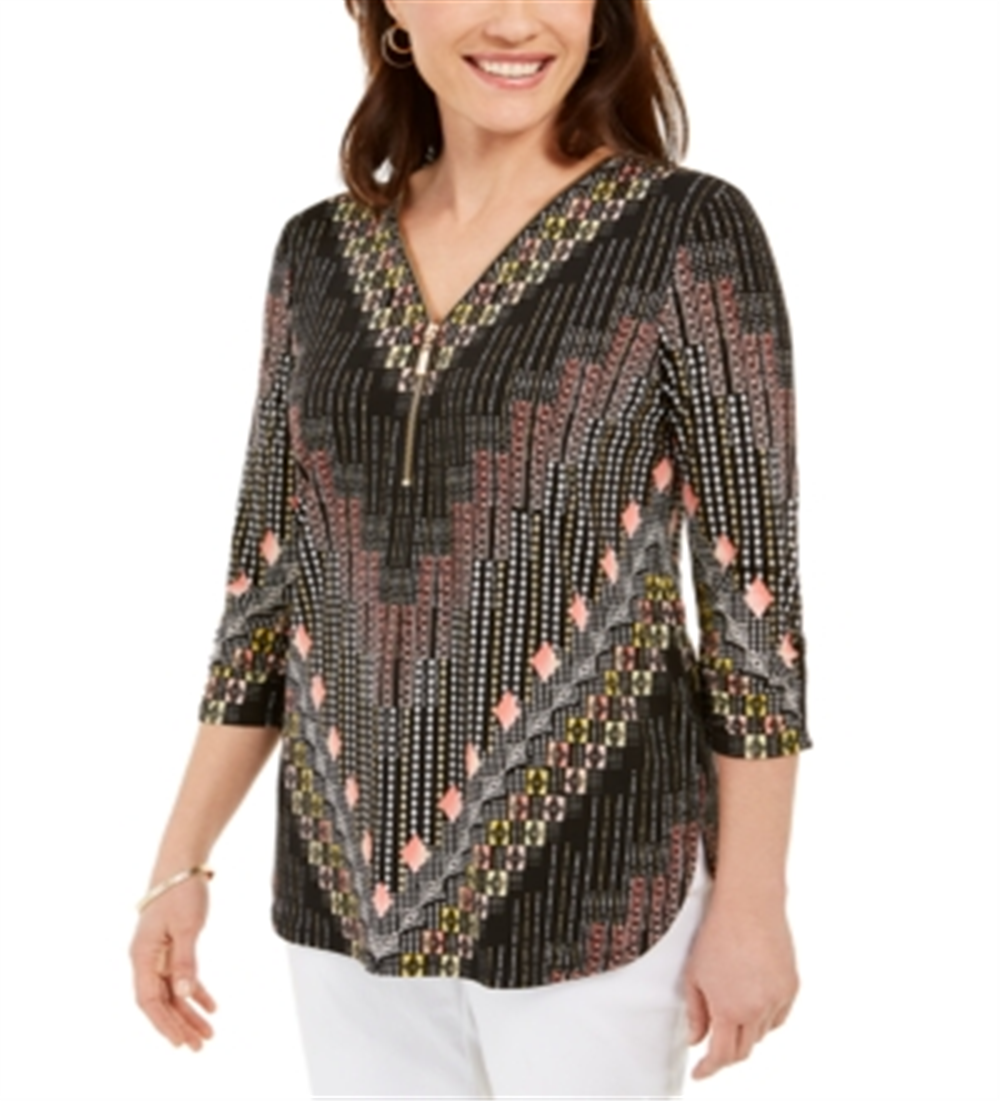 Blusa estampada com decote em zíper e manga comprida feminina JM Collection - preta, tamanho XX-G