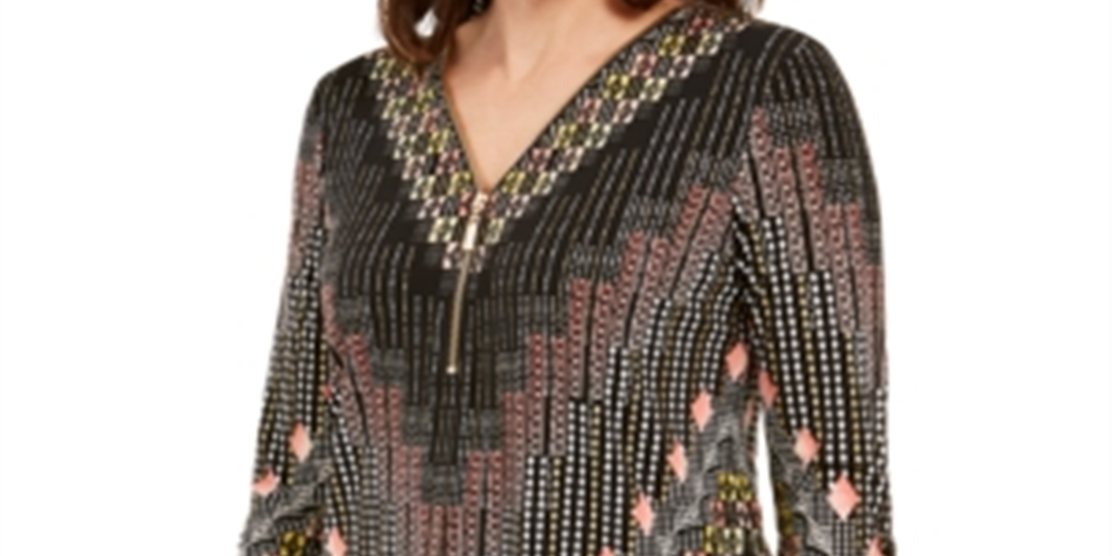 Blusa estampada com decote em zíper e manga comprida feminina JM Collection - preta, tamanho XX-G