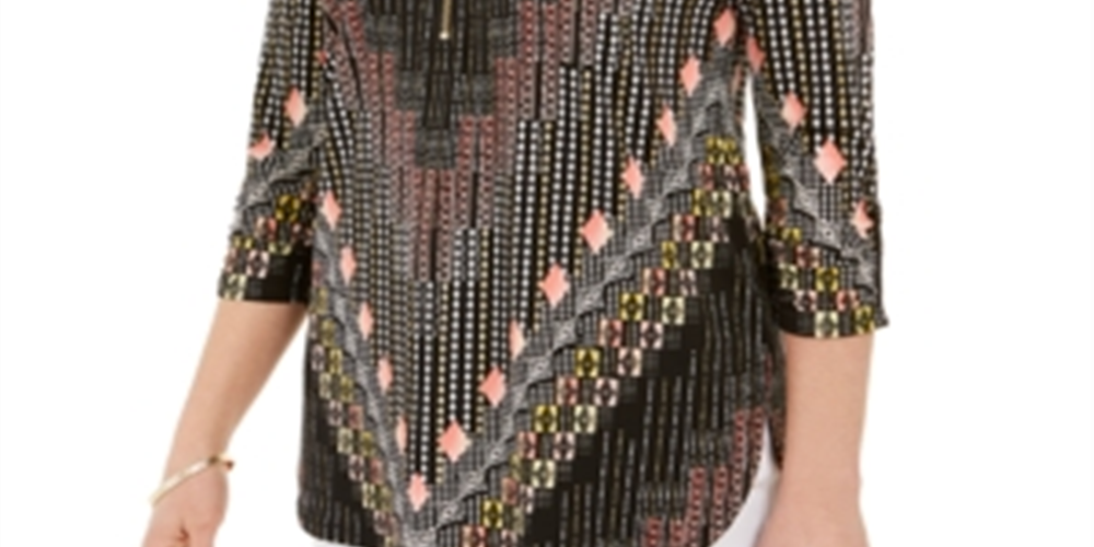 Blusa estampada com decote em zíper e manga comprida feminina JM Collection - preta, tamanho XX-G