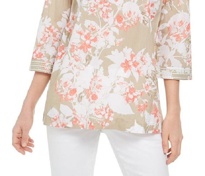 Túnica feminina Charter Club estampada e bordada em voile e linho, marrom, tamanho XX-G