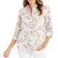 Camisa feminina Charter Club com estampa floral e mangas curtas, em mistura de linho, branca, tamanho médio