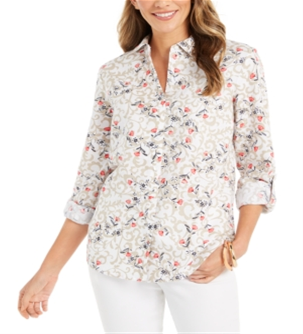 Camisa feminina Charter Club com estampa floral e mangas curtas, em mistura de linho, branca, tamanho médio