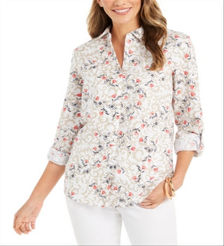 Camisa feminina Charter Club com estampa floral e mangas curtas, em mistura de linho, branca, tamanho médio