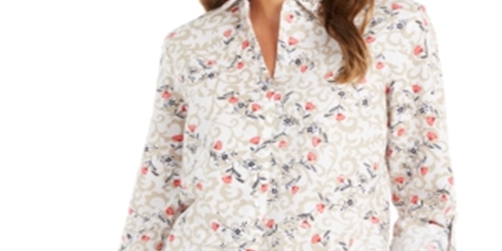 Camisa feminina Charter Club com estampa floral e mangas curtas, em mistura de linho, branca, tamanho médio