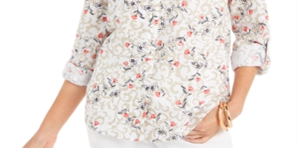 Camisa feminina Charter Club com estampa floral e mangas curtas, em mistura de linho, branca, tamanho médio