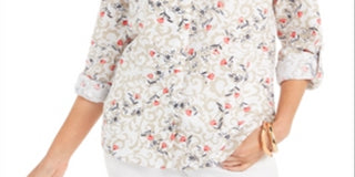 Camisa feminina Charter Club com estampa floral e mangas curtas, em mistura de linho, branca, tamanho médio