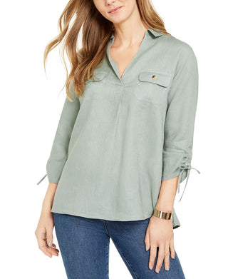 Charter Club Women's Woven Drawstring Tie Cuff Top Green Size X-Small
