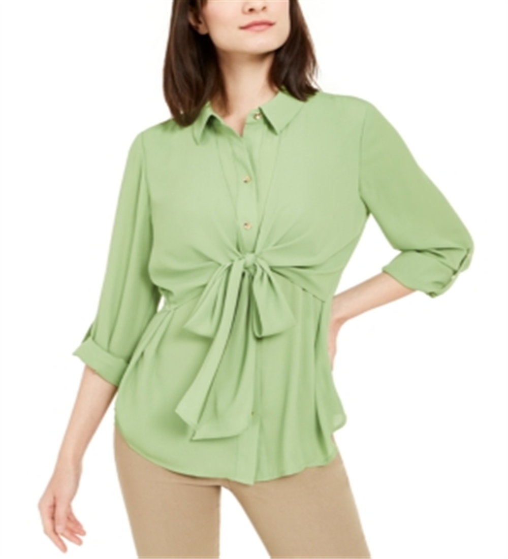 Blusa feminina Alfani com amarração na cintura e mangas bufantes, verde, tamanho extragrande