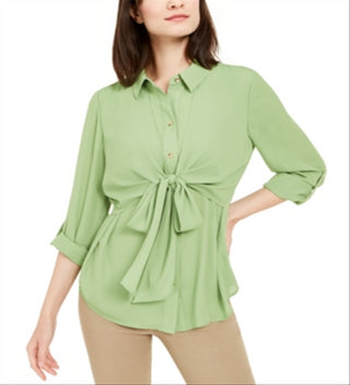 Blusa feminina Alfani com amarração na cintura e mangas bufantes, verde, tamanho extragrande