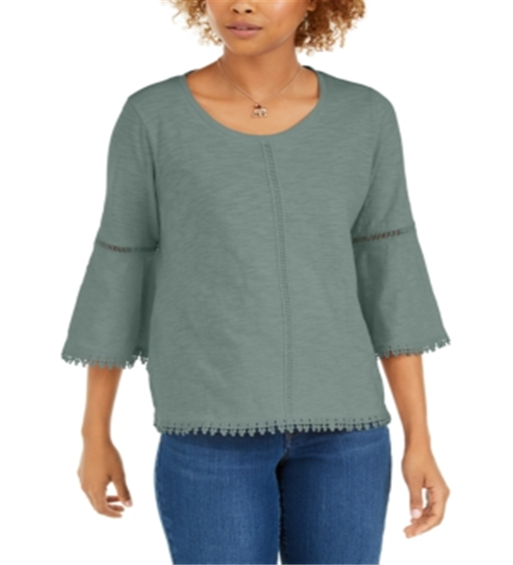 Blusa feminina estilo &amp; co com acabamento em crochê e manga sino, verde, tamanho grande