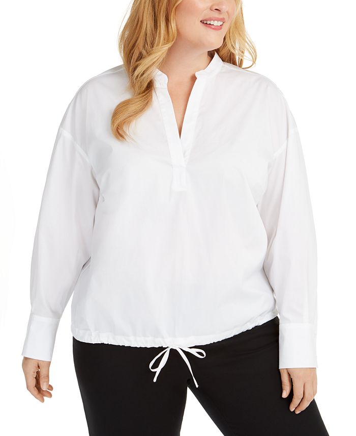 Blusa feminina Alfani com estampa de bolinhas e cordão, branca, tamanho 0X