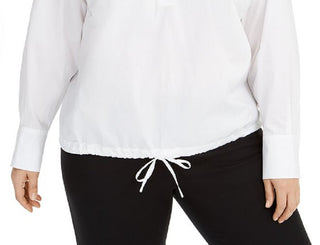 Blusa feminina Alfani com estampa de bolinhas e cordão, branca, tamanho 0X