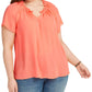 Blusa feminina estilo &amp; co com mangas bufantes e pregas laranja tamanho 1X