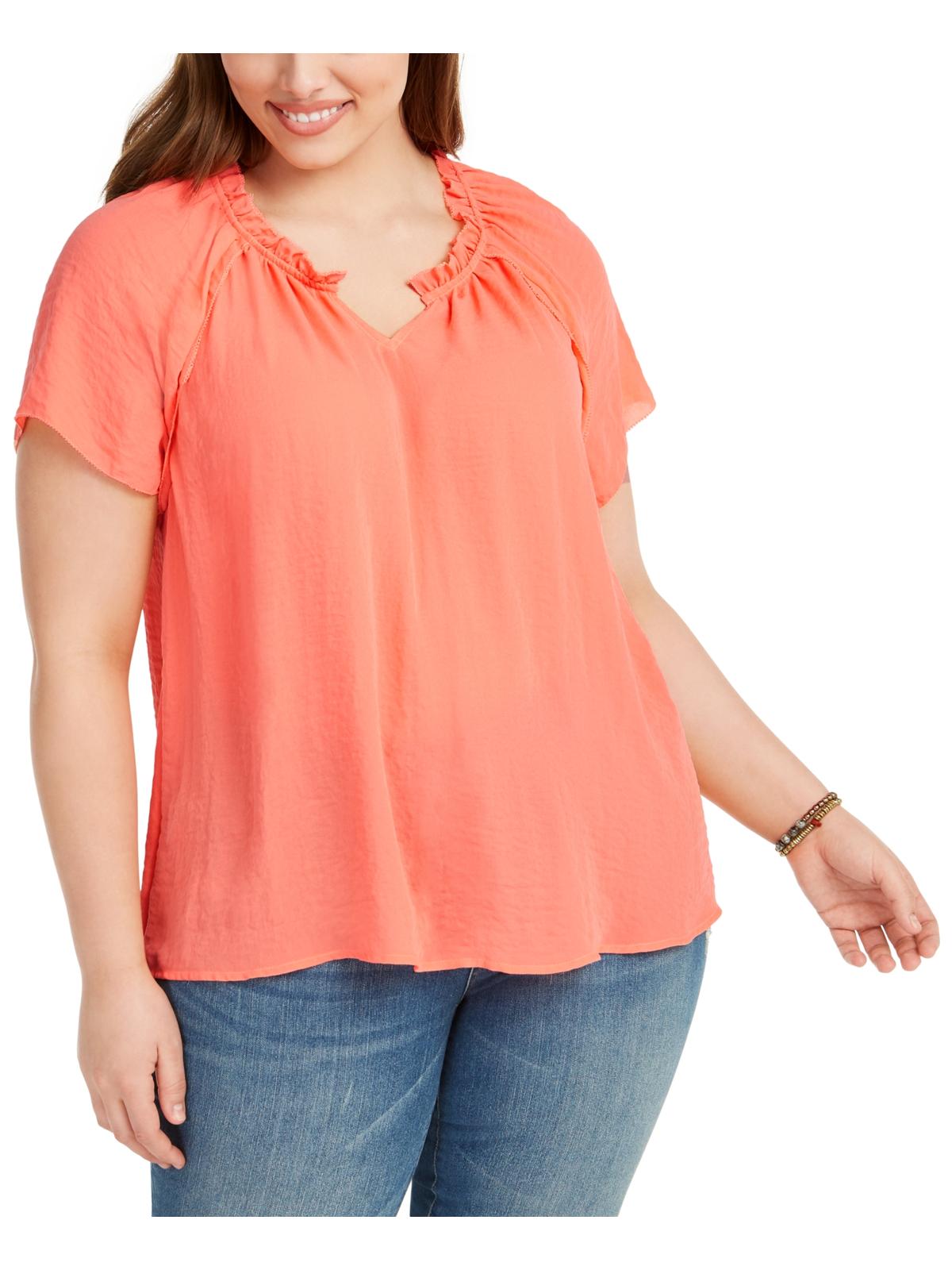 Blusa feminina estilo &amp; co com mangas bufantes e pregas laranja tamanho 1X