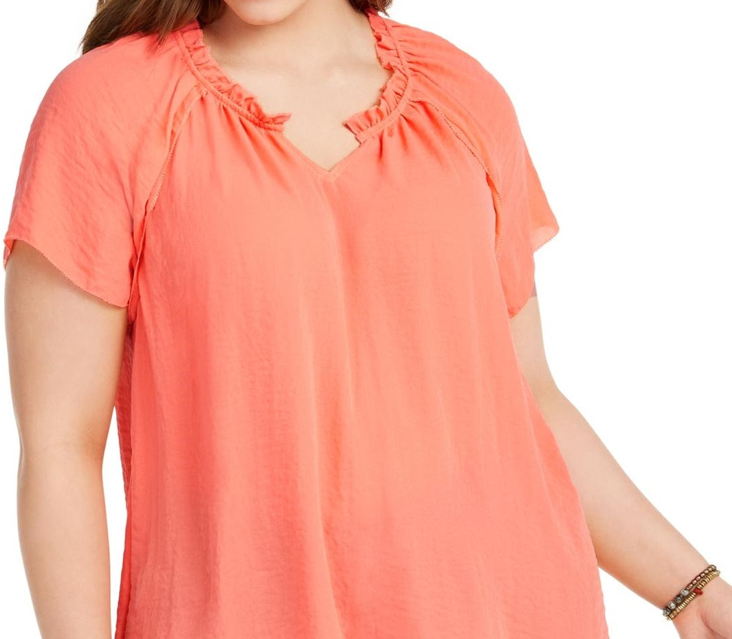 Blusa feminina estilo &amp; co com mangas bufantes e pregas laranja tamanho 1X