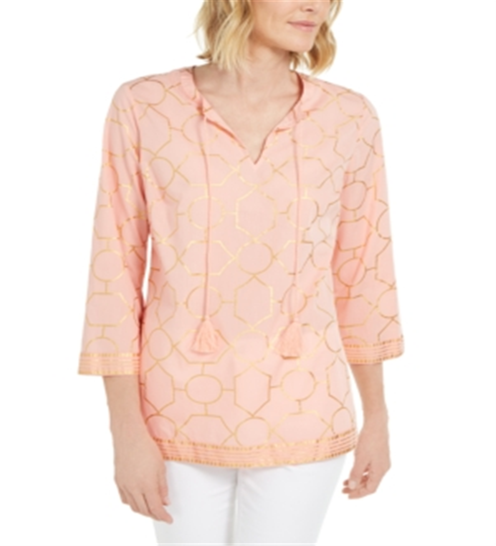 Túnica feminina de algodão estampada Charter Club, tamanho laranja, pequena e pequena