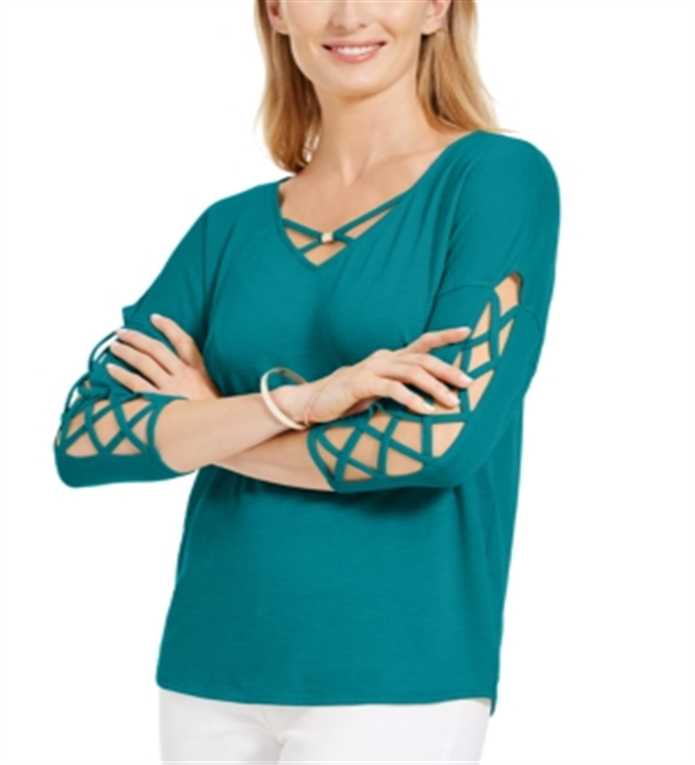 JM Collection Blusa feminina com mangas longas, verde, tamanho X-S