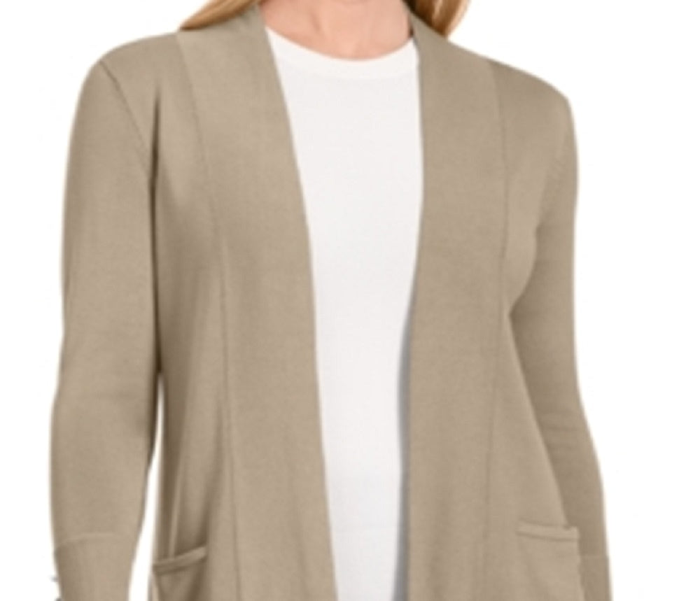 Cardigan feminino JM Collection com frente aberta, marrom, tamanho grande