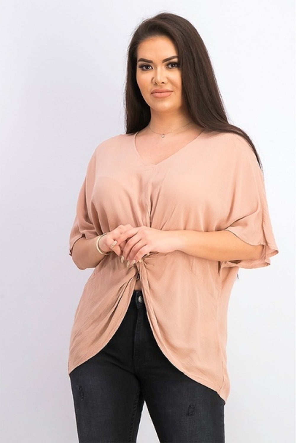 Blusa feminina estilo &amp; co rosa com decote em V e frente torcida, tamanho grande
