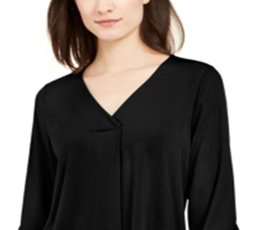 Blusa feminina Alfani com decote em V e manga 3/4, preta, tamanho grande