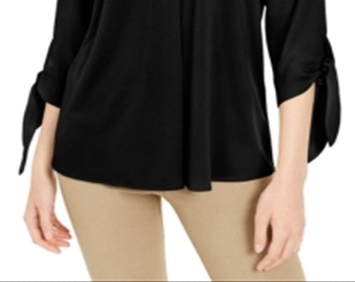 Blusa feminina Alfani com decote em V e manga 3/4, preta, tamanho grande