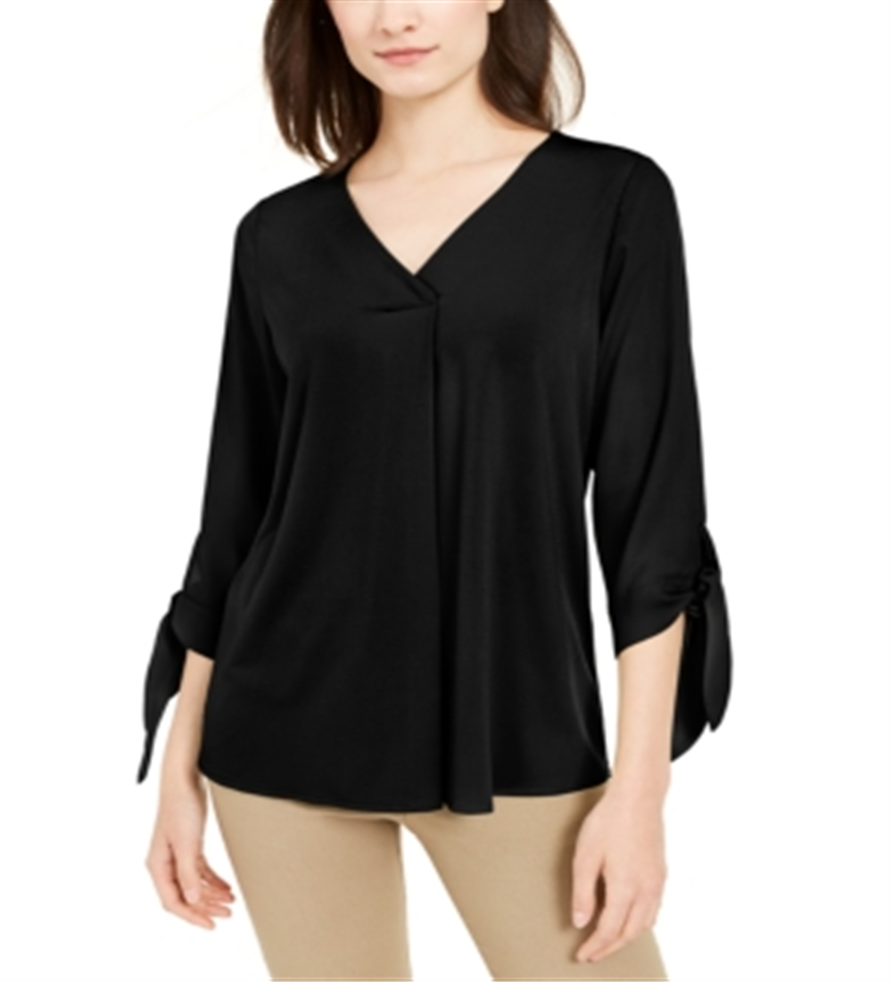 Blusa feminina Alfani com decote em V e manga 3/4, preta, tamanho grande