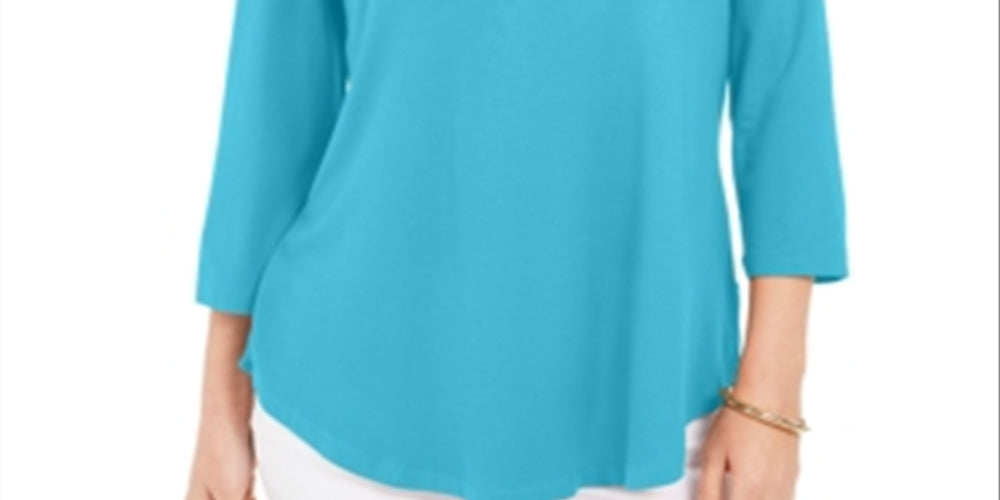 JM Collection Top feminino com manga 3/4 e bainha curva, azul, tamanho pequeno