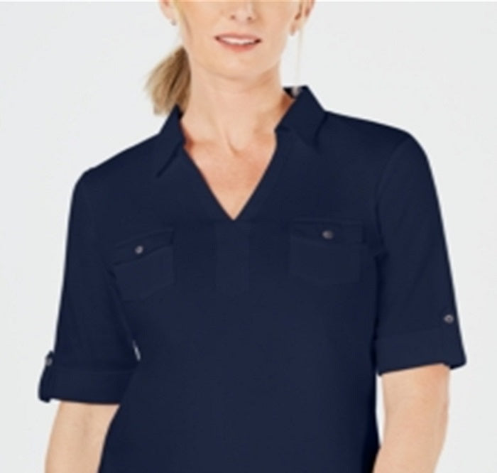 Karen Scott Blusa Feminina de Algodão com Gola Johnny Azul Tamanho X-S