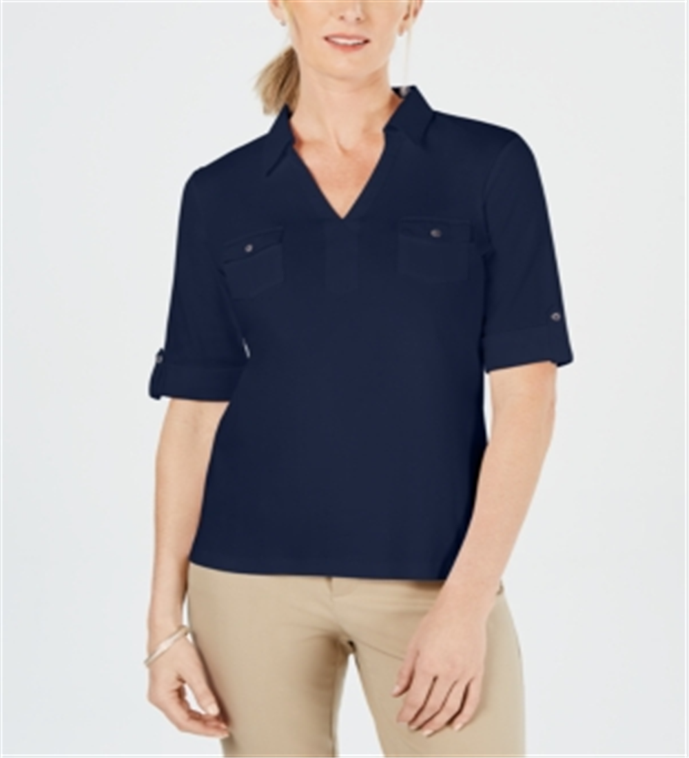 Karen Scott Blusa Feminina de Algodão com Gola Johnny Azul Tamanho X-S