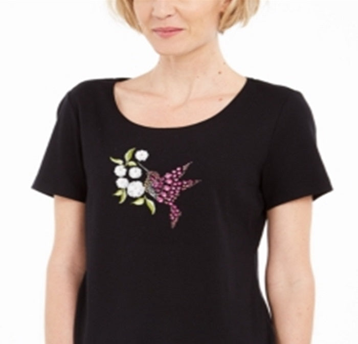 Camiseta feminina Karen Scott Hummingbird de algodão, preta, tamanho XX-G