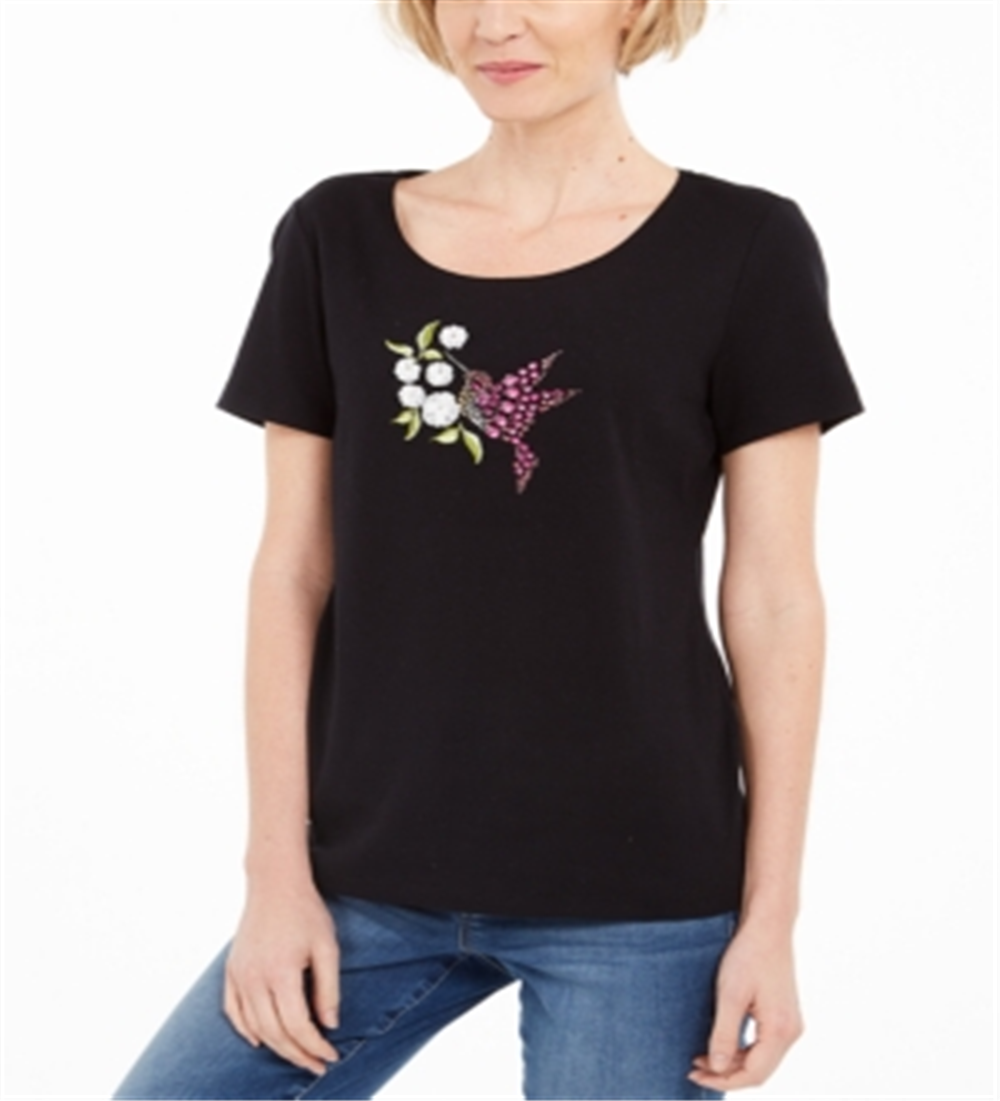Camiseta feminina Karen Scott Hummingbird de algodão, preta, tamanho XX-G