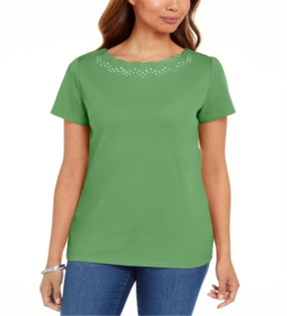 Camiseta feminina Karen Scott de algodão com gola recortada, verde, tamanho grande