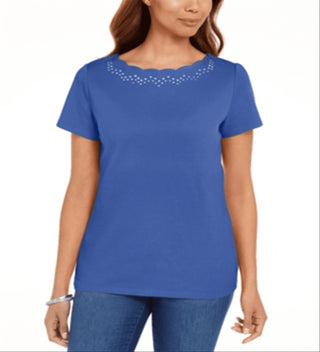 Camiseta feminina Karen Scott de algodão azul com gola recortada, tamanho médio
