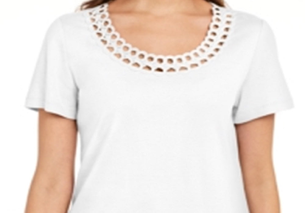 Camiseta feminina Karen Scott de algodão com gola recortada, branca, tamanho XX-G