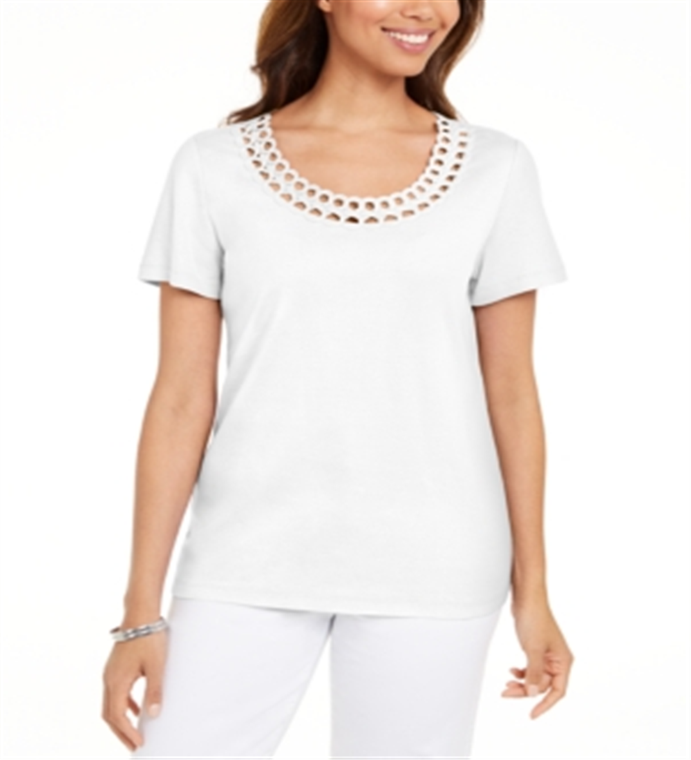 Camiseta feminina Karen Scott de algodão com gola recortada, branca, tamanho XX-G